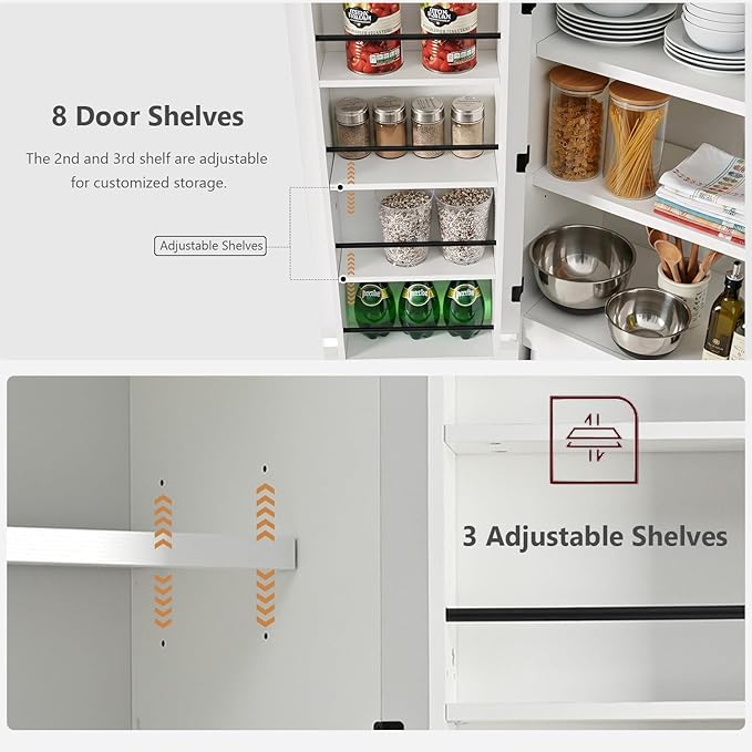 72" Tall Farmhouse Kitchen Pantry Cabinet with 8 Door Shelves, Curved Design Storage Cabinet with 3 Adjustable Shelves, Hidden Drawer, Versatile Cupboard for Kitchen, Dining & Bathroom (White)