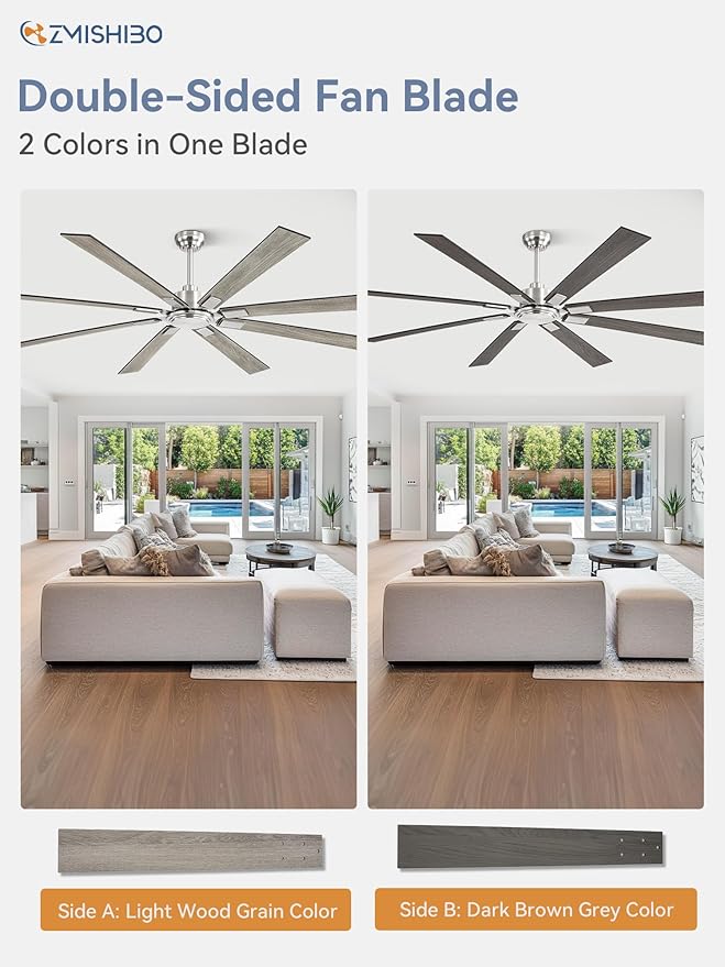 80 Inch Ceiling Fan No Light with Remote Control, 8 Blades Quiet DC Reversible Motor, 6-Speed, Timer, Brushed Nickel Finish, Indoor Outdoor Ceiling Fans for Patios, Living Room, Garage