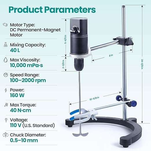 Lab Analog Overhead Stirrer, 40L Capacity, 100-2000rpm Speed Range, Max.Viscosity 10000mpas, Lab Mixer with Overload Protection, Overhead Mixer with Support Stand&Two Stirring Rods