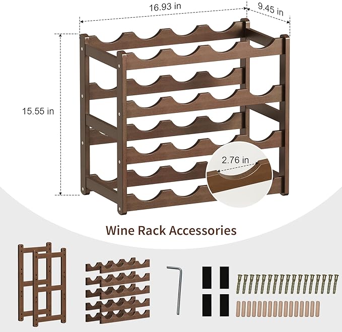 Wine Rack 16-Bottle Capacity, Space-Saving Countertop Wine Storage Organizer ??Sturdy Bamboo Wine Holder for Kitchen, Bar,Cabinets & Pantry, Easy Access & Clutter-Free Organization(4-Tiers)