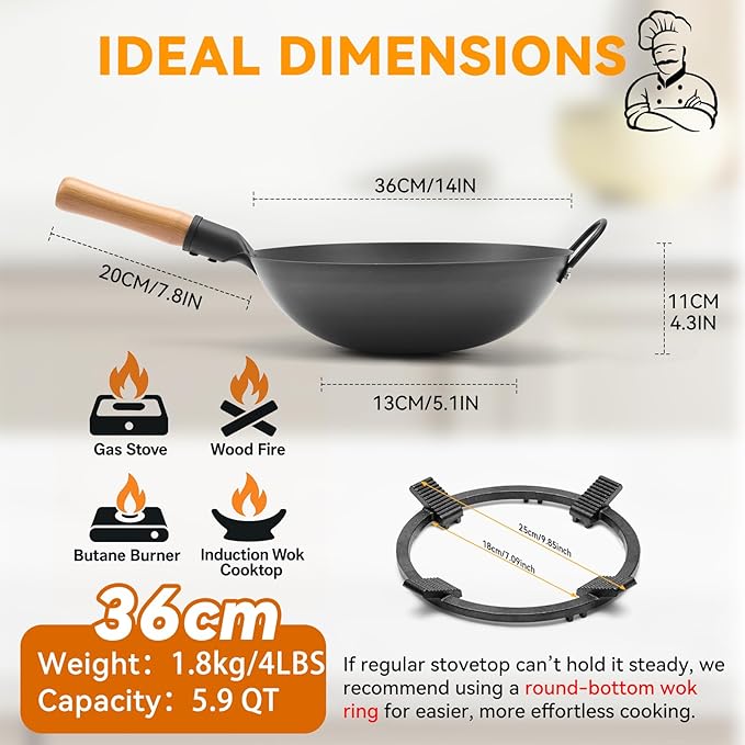 WANGYUANJI 14.2 Inch Round-Bottom Iron Wok, Deep Chinese Stir-Fry Pan (Seasoning Required), Wok Ring Required, Not Flat-Top/Induction ??No Lid, No Ring,Wooden Handle, Coating-Free
