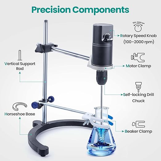 Lab Analog Overhead Stirrer, 40L Capacity, 100-2000rpm Speed Range, Max.Viscosity 10000mpas, Lab Mixer with Overload Protection, Overhead Mixer with Support Stand&Two Stirring Rods