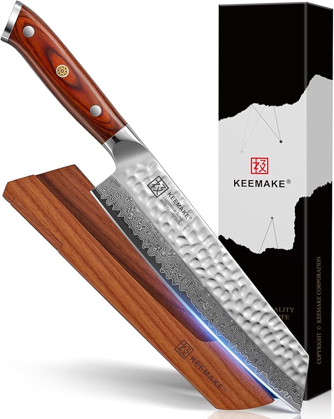 KEEMAKE Kiritsuke Chef Knife 8 Inch, Damascus Kitchen Knife Professional Gyuto Knives, Ultra Sharp Cooking Knives with Ergonomic Pakkawood Handle & Ash Sheath