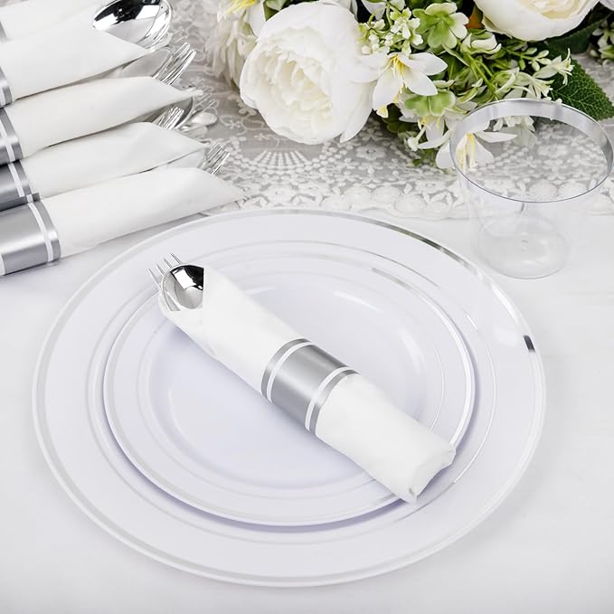 WELLIFE 210 Piece Silver Plastic Dinnerware Set for 30 Guests, Plastic Plates for Party, Include: 30 Dinner Plates, 30 Dessert Plates, 30 Pre Rolled Napkins with Silver Silverware and 30 Silver Cups