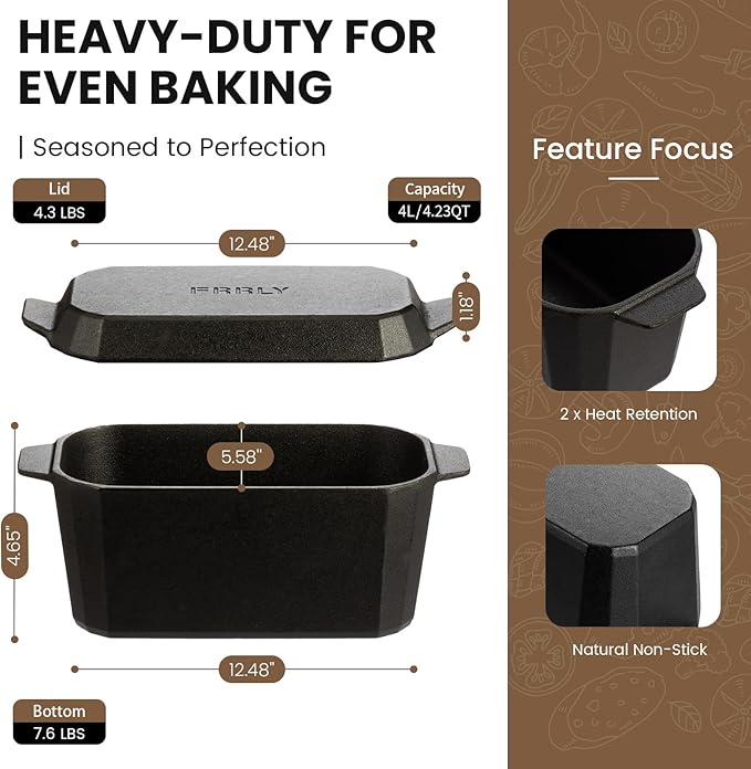 Cast Iron Bread Loaf Pan with Lid,Bread Baking Pan,Cast Iron Dutch Oven for Sourdough,10 x 5 Inch Pre-seasoned Even Heat Distribution Baking Pan for Homemade Bread