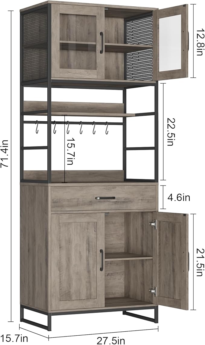 Hutch Cabinet with Storage, 71" H Kitchen Pantry Storage Cabinet with Microwave Stand, Hooks, Drawers for Home Bar, Kitchen, Dining Room, Industrial