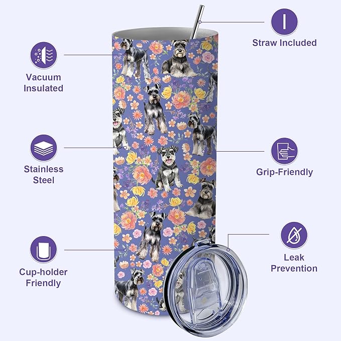 Yogusut Schnauzer Gifts for Women, 20oz Stainless Steel Insulated Tumbler Travel Mug Cup with Lid Straw Brush, Gifts for Dog Mom Dog Lover