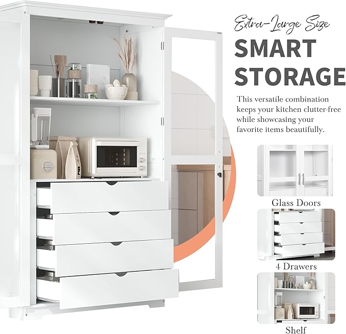 Zateety 73.2" Kitchen Pantry, Freestanding Kitchen Storage Cabinet Display Cabinet with Glass Doors and 4 Built-in Drawers for Living Room, Home Office, White