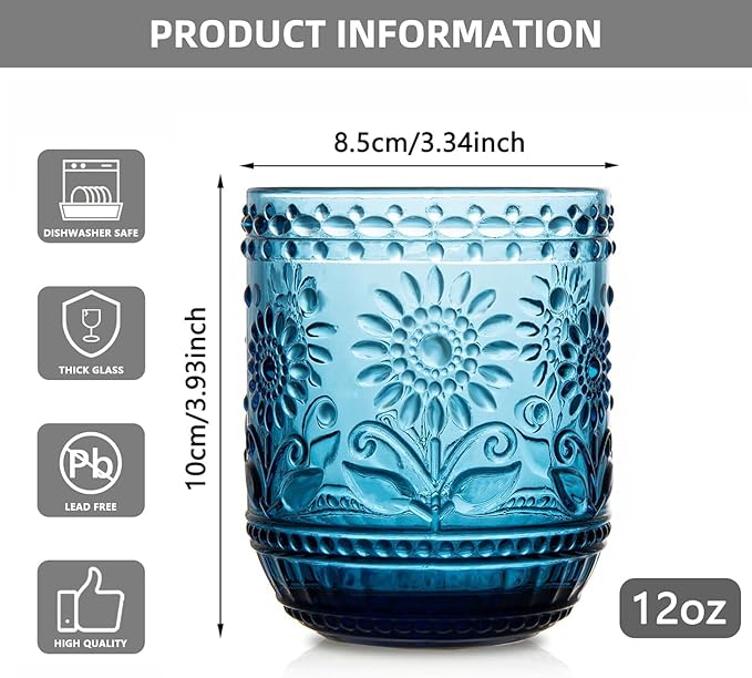 Luminthra Elegant Vintage Crystal Glassware Set, Embossed Floral Drinkware, 12oz Green and Multi-Color Glass Cups for Wine, Cocktails, and Beverages (Blue)