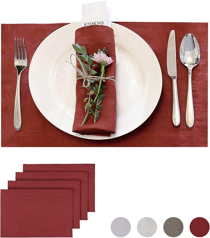 KNOKNO Home Pure Hemp Placemats 18 x 12 Inch Set of 4 Handcrafted with Mitered Corners Natural Fabric,Machine Washable Table Mats for Dining Tables (Red Garnet, Placemats | Set of 4)