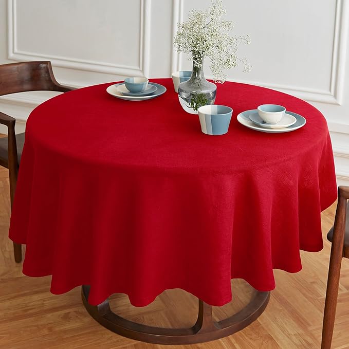 Solino Home Linen Round Tablecloth 70 Inch - 100% Pure Linen Red Round Tablecloth - Machine Washable Table Cloth for Valentines - Sonoma