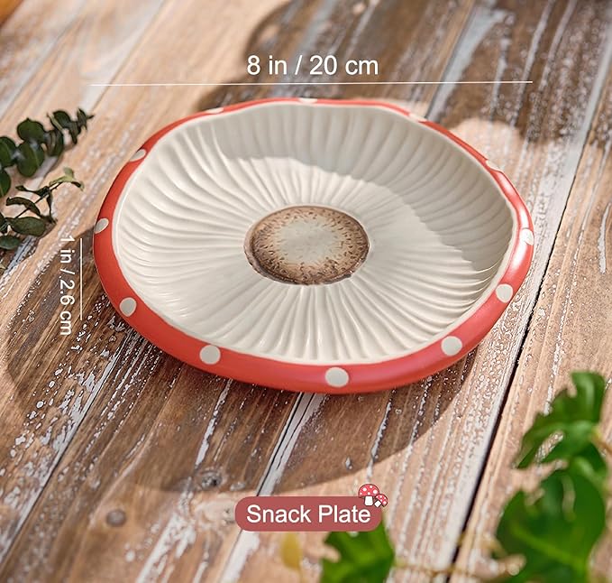 Mushroom Salad Plate, 8 in Polka Dot Safety Ceramic Dessert Appetizer Plates, Cute Dinner Plates, Dessert, Dish, Cake & More.