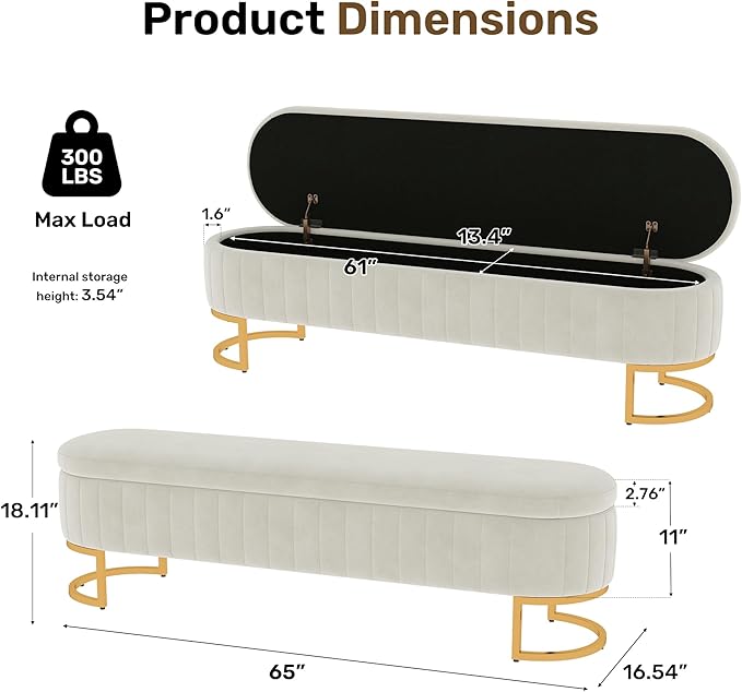 VIROL 65 Inch Storage Ottoman Bench Velvet End of Bed Storage Bench King Size Upholstered Tufted Bench Large Space for Bedroom Living Room Entryway Beige