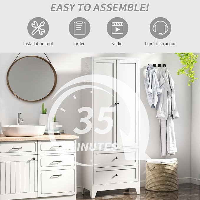 Metal Pantry Cabinet, 72 inch Tall Kitchen Pantry Cabinet, Pantry Storage Cabinet with 2 Adjustable Shelves, 2 Drawers, Utility Cupboard for Kitchen Dining Room Living Room Bathroom, White