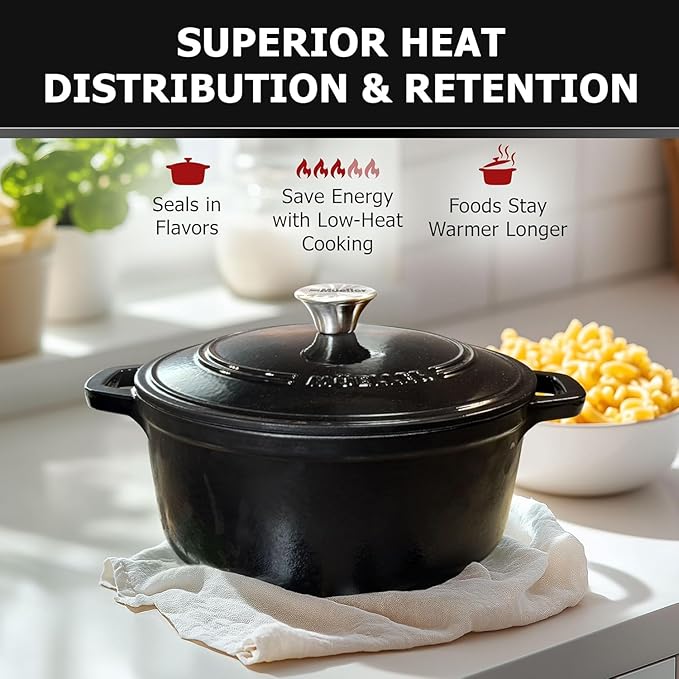 MUELLER HOME 7.5 QT Enameled Cast Iron Dutch Oven, Heavy-Duty, Oven-Safe up to 500째 F & Across All Cooktops, Casserole Dish and Braiser Pan with Lid and Stainless Knob, Black