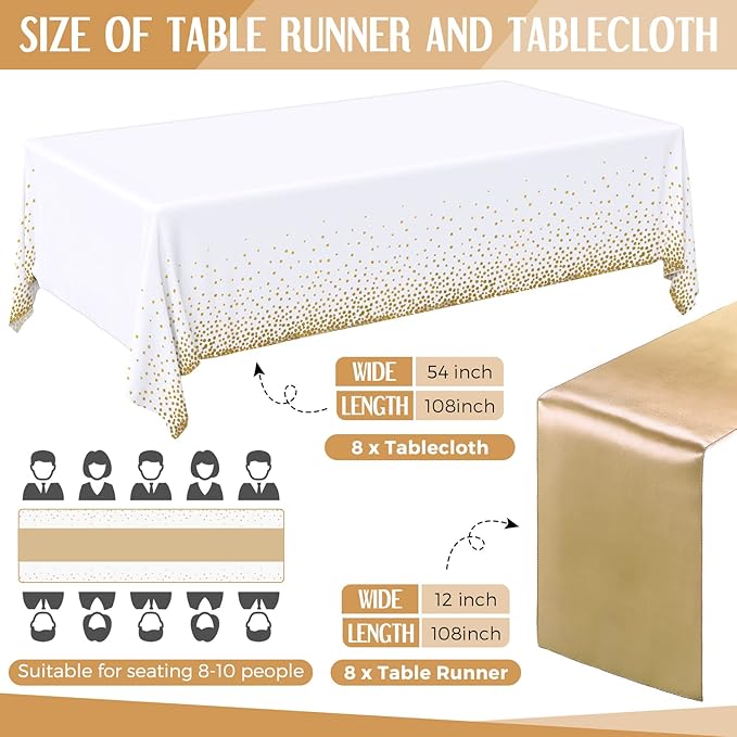 Tudomro 16 Pieces White and Gold Disposable Plastic Tablecloths and Satin Table Runner Set 54x108 Inch Tablecloth 12x108 Inch Table Runners for New Year Wedding Birthday Baby Shower Graduation