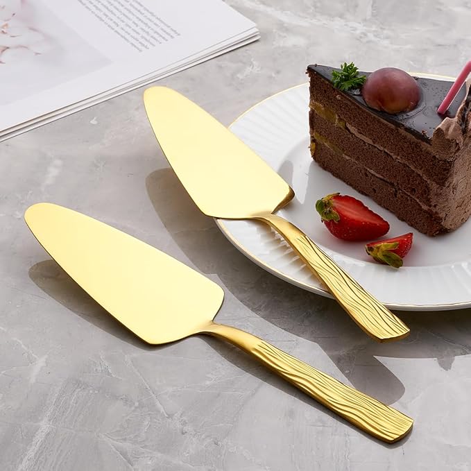 Gold Cake Pie Server, 9.3-inch Stainless Steel Pizza Pie Pastry Server, Set of 3, Cake Serving Set with fashion patterns, Dishwasher Safe