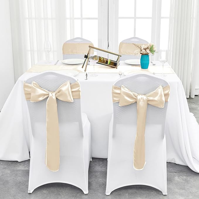 Pufogu 10-Pack Champagne Satin Table Runner 12 x 108 Inch Long Bright and Smooth Silk Fabric Table Runner for Wedding Banquet Birthday Party Decoration