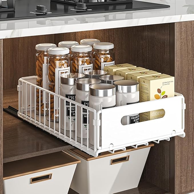 Pull Out Cabinet Organizer Slide Out Drawer Storage Shelves Cupboard Organiser Sliding Cabinet Basket for Kitchen No Drilling and Nailing (White, 2Piece 9.8" W X 15" D X 3.9" H)