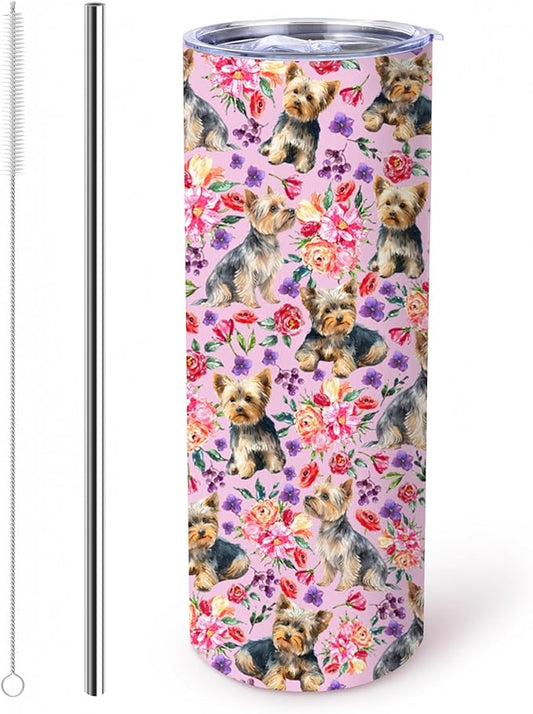 Yogusut Yorkie Gifts for Women, 20oz Stainless Steel Insulated Tumbler Travel Mug Cup with Lid Straw Brush, Gifts for Dog Mom Dog Lover
