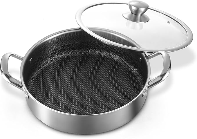 Stainless Steel Saute Pan 12 inch Deep Frying Pan,5 Quarts Nonstick Skillet Large Saut챕 Pan with Lid,PFOA Free Cookware,Induction Compatible Chef Cooking Pan,Dishwasher & Oven Safe