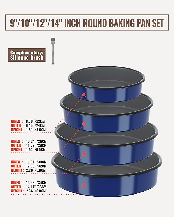 Baking Pans Set Round Roasting Dish 4-Pack 9/10/12/14 Inch Enamel Non Stick Large Bakeware for Cake Bread Pie Pizza Ham Turkey, Non-Toxic Oven Dishwasher Safe Mother's Christmas Gift Cookware