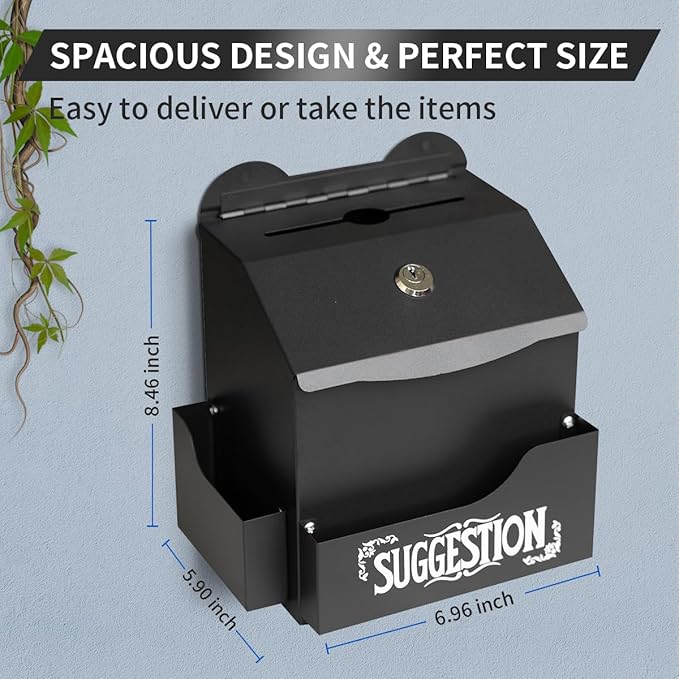 Metal Suggestion Box with Suggestions Lettering, Wall-Mounted&Tabletop With Lock Pen Holder Suggestion Cards*50pcs for Fundraising Comment Voting Prayer Money Drop Donation 8.46횞5.9횞6.96"