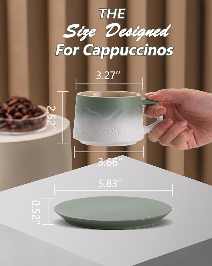ZENS 8 Ounce Artistic Cappuccino Cups Set of 2, Embossed Ceramic Coffee Mug with Saucers for Latte Art, Moss Green & White