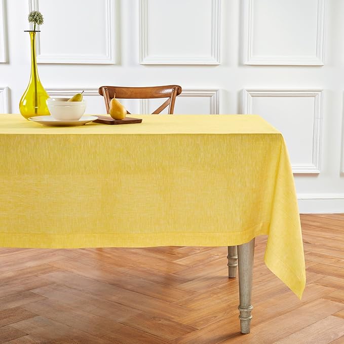Solino Home Linen Tablecloth 60 x 108 Inch - 100% Pure Linen Chambray Lemon Yellow Table Cloth for Rectangular Tables - Athena, Machine Washable Cloth Tablecloth for Spring, Easter
