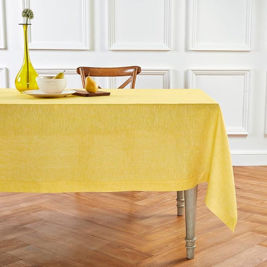 Solino Home Linen Tablecloth 60 x 120 Inch - 100% Pure Linen Chambray Lemon Yellow Table Cloth for Rectangular Tables - Athena, Machine Washable Cloth Tablecloth for Spring, Easter