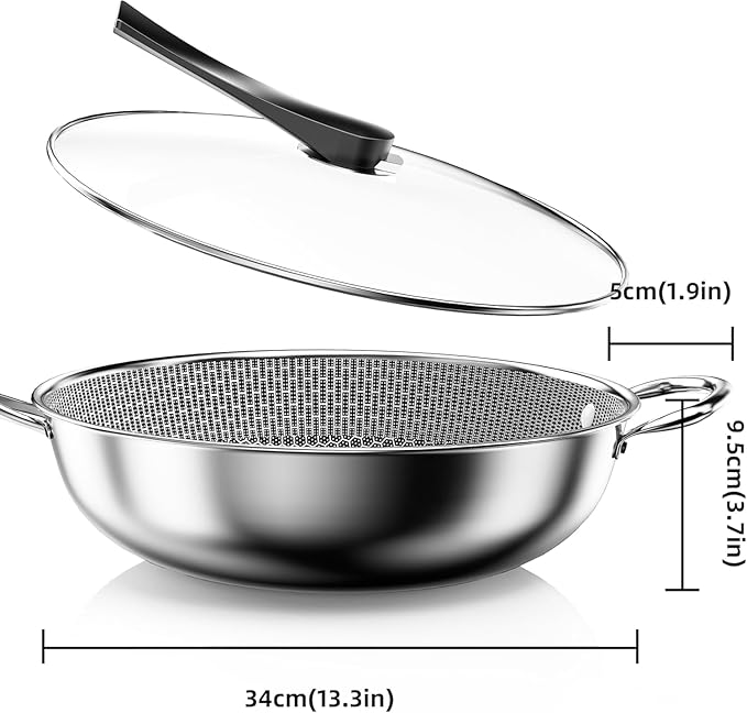 Wok pan,Hybrid 13 inch Deep Fry Wok with Lid, Nonstick Wok with Stay-Cool Handle, Compatible with All Cooktops Including Induction, Stir Fry Pans with Round Bottom (LO9)