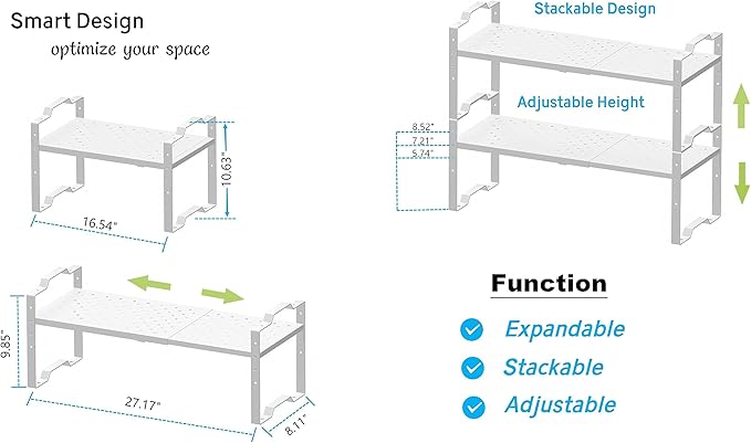 Expandable Shelf for Cabinet Organizer Adjustable Stackable Spice Rack at Kitchen and Bathroom More,2 Packs/White, Medium