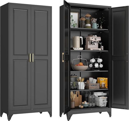 75??Tall Kitchen Pantry Cabinet,Metal Storage Cabinet with Doors and Adjustable Shelves,Modern Kitchen Hutch Cabinets,Freestanding Cupboard for Dining Living Room