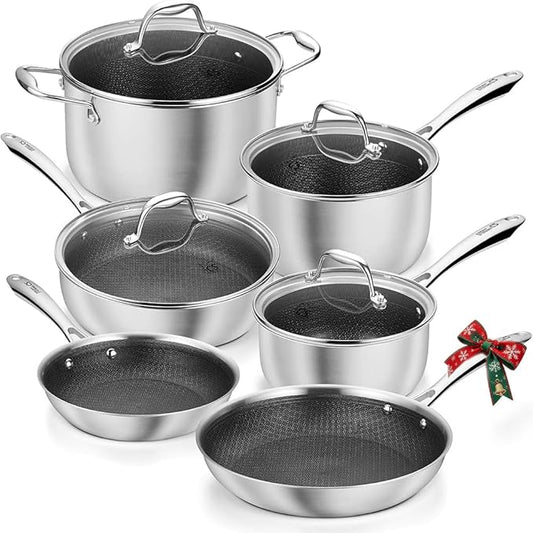 KOCH SYSTEME CS Triply Stainless Steel Cookware Set 10 Piece, Nonstick Hybird Stainless Steel Pots and Pans Set, Kitchen Cookware Set with Honeycomb Interior, 18/10 Steel, Induction Compatible