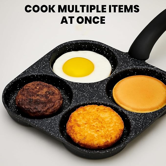 Non Stick 4 Cup Breakfast Pan Multi Section Skillet with Flat Bottom Frying Pan for Eggs Pancakes Mini Burgers Sausages and Daily Cooking Use Ideal for Home Kitchen Meal Preparation