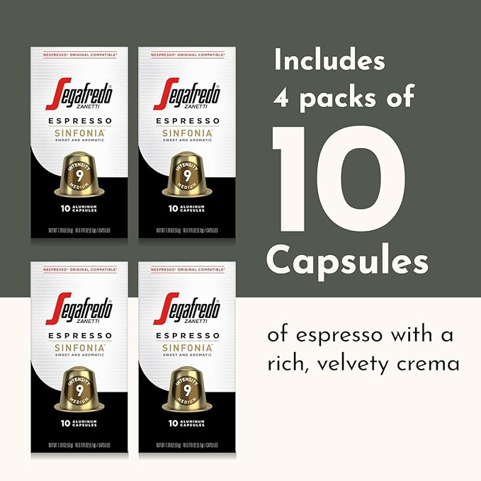 Segafredo Zanetti Espresso Capsules ??Aluminum Pods for Nespresso Original Machines ??Medium Roast Premium Espresso with a Sweet Aroma ??Subtle, Intensity 9 ??Sinfonia, 10 Count (Pack of 4)