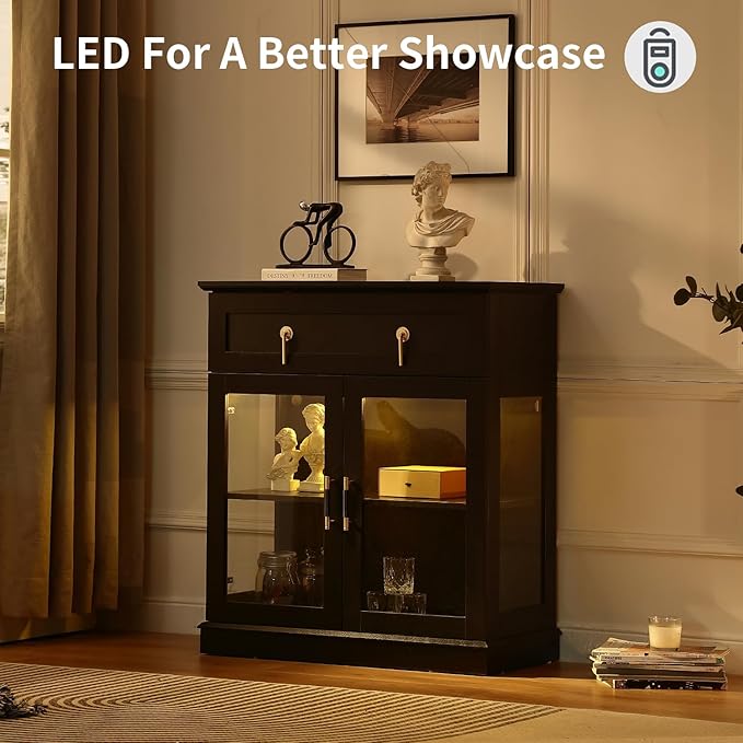 31.5'' Accent Small Buffet Cabinet with Storage, Buffet Sideboard with Two Glass Doors and a Drawer,Small Coffee bar Cabinet with Adjustable Shelf,for Kitchen and entryway,Black