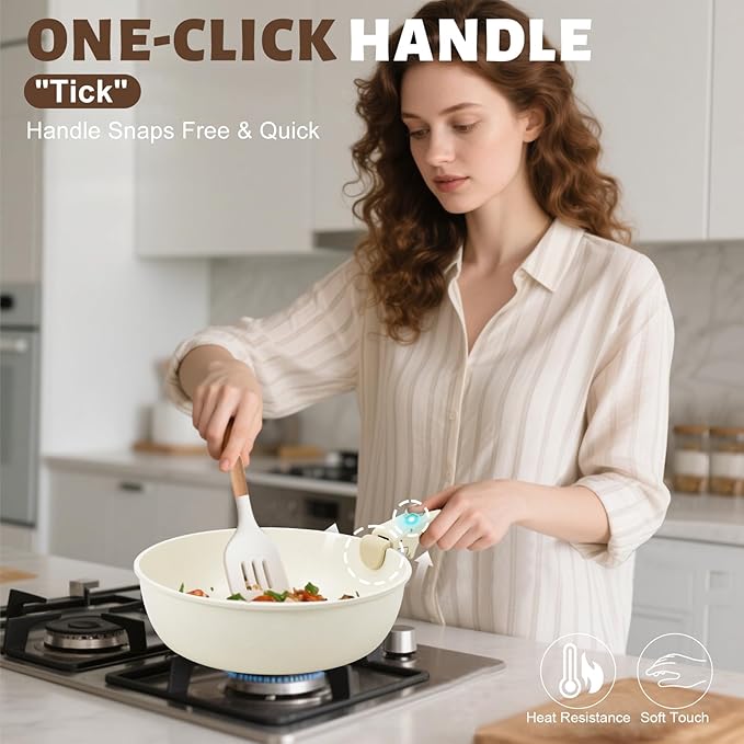 Numola 10 pcs Pots and Pan Set Non Stick with Detachable Handle, Ceramic Cookware Set for Stackable, Induction Kitchen Cookware Set for RV, Dishwasher 竊?Oven Safe, Cream White