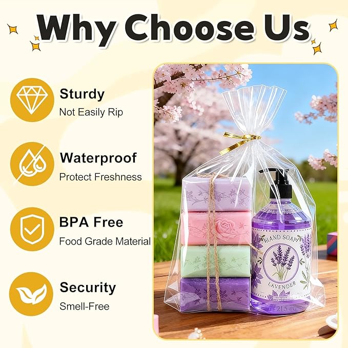 PigPotParty Cellophane Bags 12"x16", 50 Pack Clear Gift Bags, Bottom Gusset for Stand-Up Display, Medium Plastic Cellophane Gift Wrap, Ideal for Large Goodies, Treats, Favors, Mugs, Includes 50 Ties