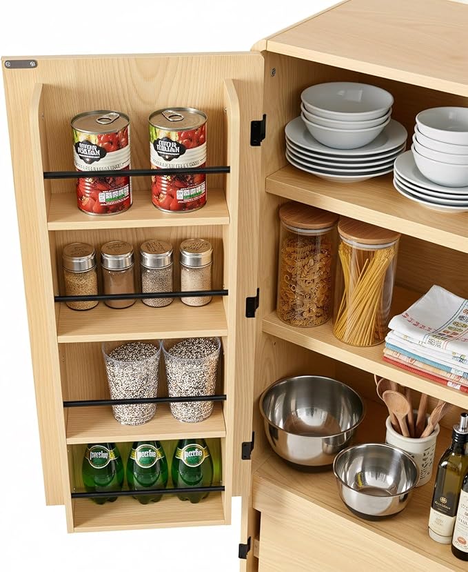 72" Farmhouse Tall Kitchen Pantry Cabinet, Wood Storage Cabinets with Hidden Drawer and 3 Adjustable Shelves, Cupboard with Door Shelves for Kitchen, Dining and Bathroom, Natural Wood