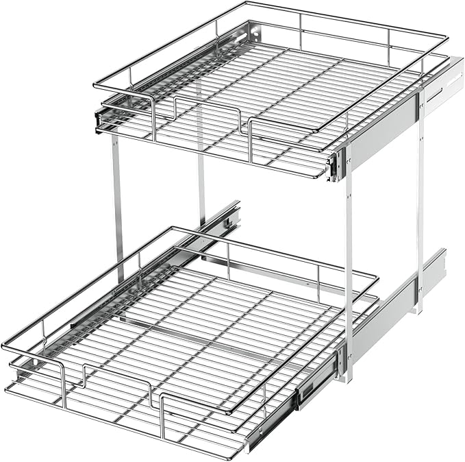 LOVMOR 2 Tier Individual Pull Out Cabinet Organizer 15쩍" W x 21쩍" D, Slide Out Kitchen Cabinet Storage Sliding Shelves