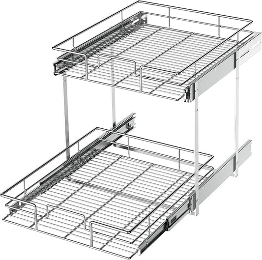 LOVMOR 2 Tier Individual Pull Out Cabinet Organizer 15쩍" W x 21쩍" D, Slide Out Kitchen Cabinet Storage Sliding Shelves