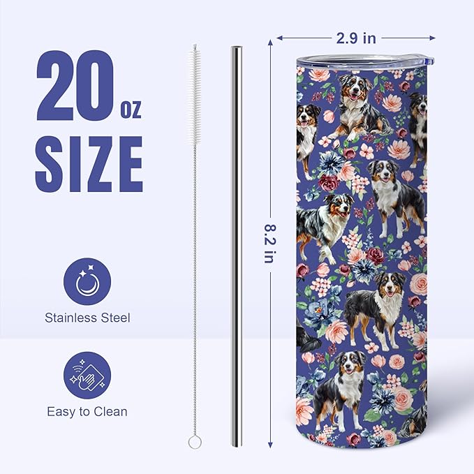 Yogusut Australian Shepherd Gifts for Women, 20oz Stainless Steel Insulated Tumbler Travel Mug Cup with Lid Straw Brush, Gifts for Dog Mom Dog Lover