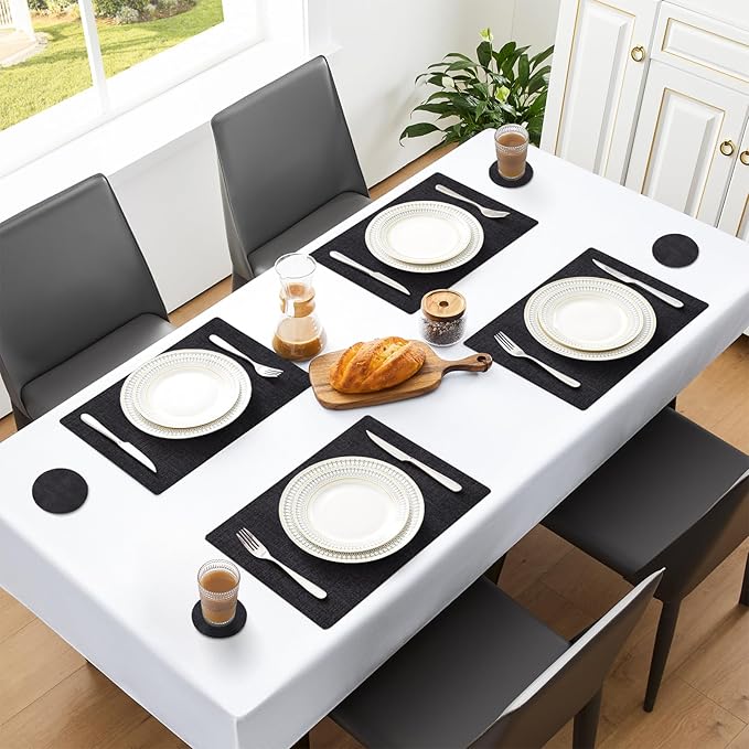 MOSAYT Placemats Set of 4, Heat Resistant Vinyl Place Mats with Coasters, 100% Waterproof Wipeable Washable Faux Leather Table Mats for Kitchen Dining Party Indoor Outdoor, 12" x 17", Black