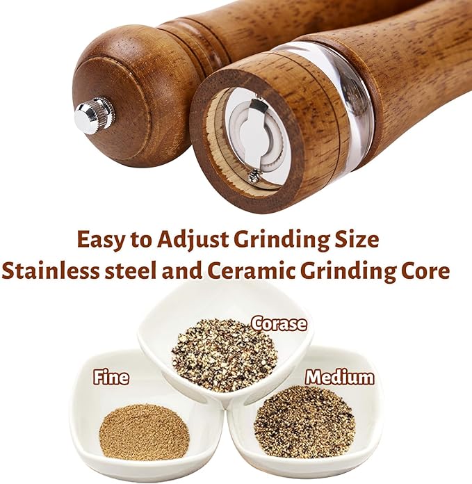 Wooden Pepper Grinder Set of 2, 8 Inch Beech Wood Pepper Mills with Stainless Steel Core, Manual Pepper Grinder with Comfort Grip & Effortless Grinding for Kitchen Cooking