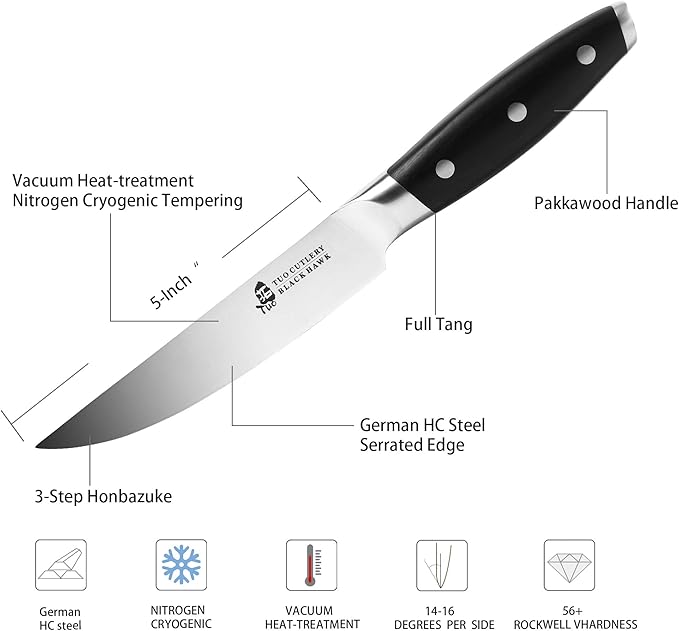 TUO Steak Knife - 5 inch Professional Kitchen Steak Knife Set 4 Table Dinner Knife - German HC Stainless Steel - Non Slip Pakkawood Handle - BLACK HAWK SERIES Including Gift Box