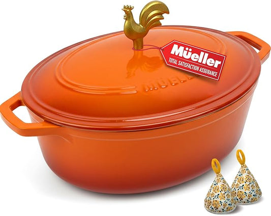 MUELLER HOME 5.5 Quart Enameled Cast Iron Oval Dutch Oven w Rooster Knob & Cotton Potholders, Heavy-Duty Cookware, Oven-Safe up to 500째 F & Across All Cooktops, Gifts for Grandma & Women, Orange