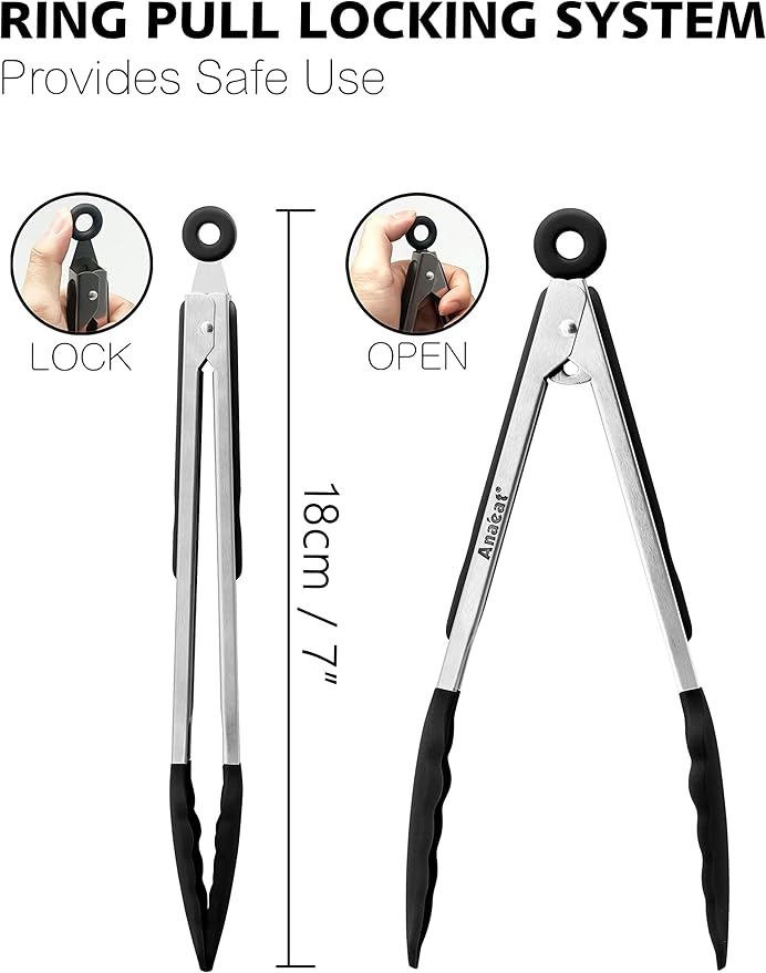 Anaeat Non-Stick Silicone Locking Tong - Stainless Steel 7" Mini Kitchen Food Tongs with Non-Slip Silicone Tips and Grip for Cooking, Baking and BBQ - Heat Resistant up to 480째F (Black)