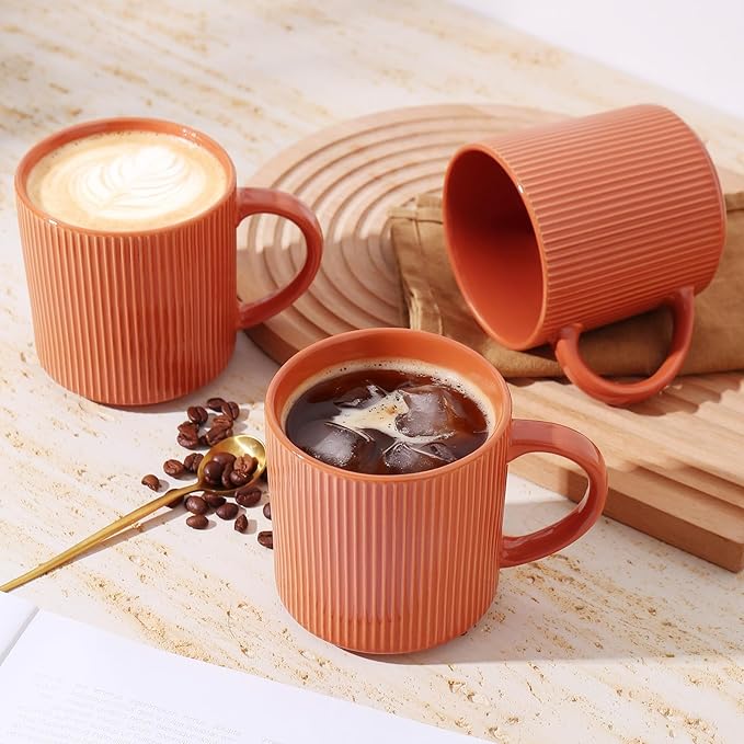 MONITO 16Oz Coffee Mugs Set of 6, Rustic Ceramic Coffee Cups Set with Large Handle, Vintage Striped Stoneware Coffee Mugs for Latte, Cocoa, Tea, Milk, Microwave & Dishwasher Safe, BRICK RED