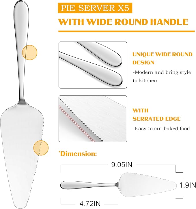 E-far 5-Piece Pie Server, Stainless Steel Cake Server Spatula Cutter for Pastry Cheese Pizza, Serrated Edge with Oval Handle, Mirror Polished & Dishwasher Safe-9 Inch